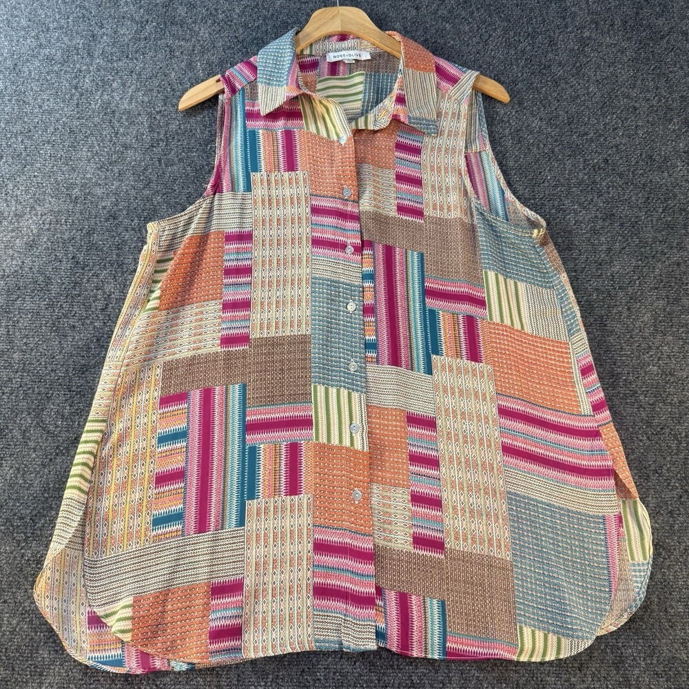 Rose + Olive Womens‎ Medium Patchwork Button Front Sleeveless Blouse Boho Top